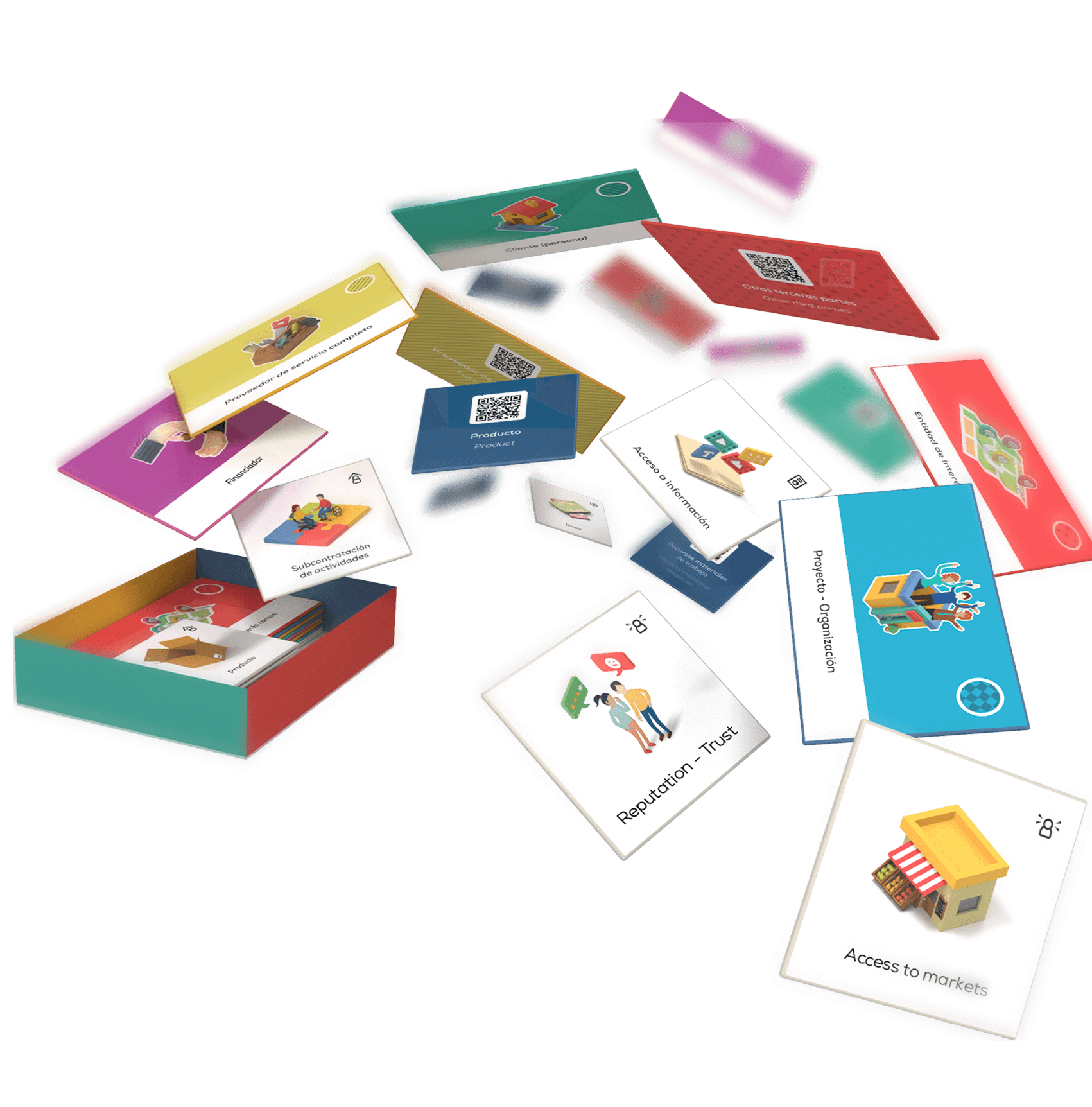 Ilustración de Business4ALL Toolkit donde sus tarjetas saltan desde la caja hacia afuera